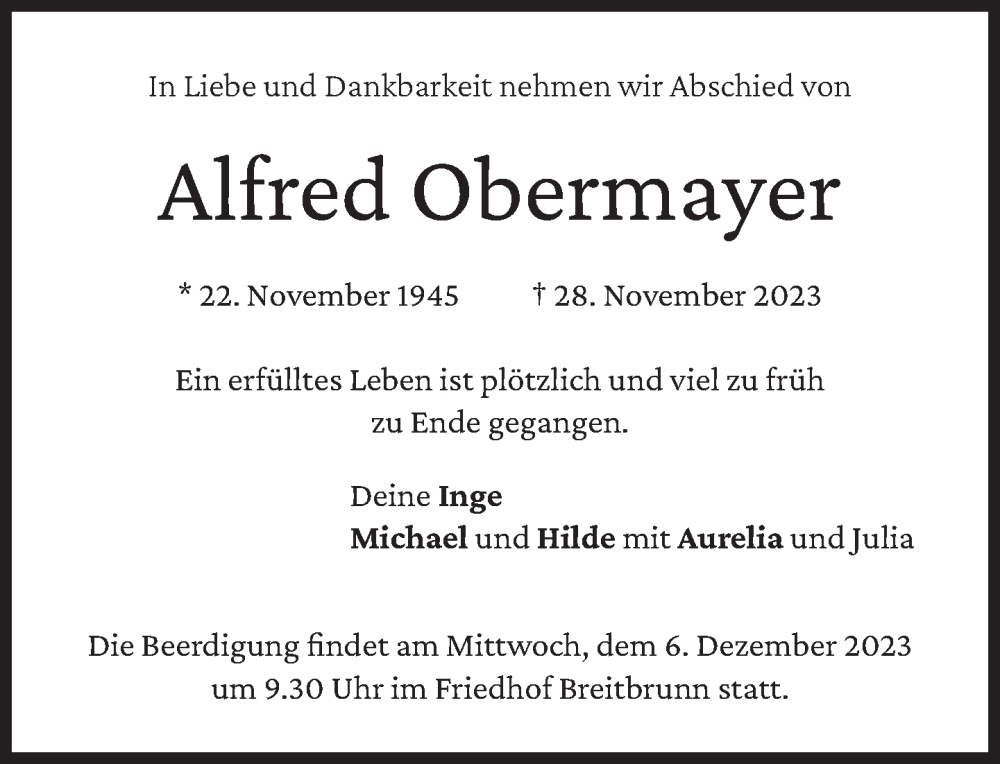  Traueranzeige für Alfred Obermayer vom 02.12.2023 aus Süddeutsche Zeitung