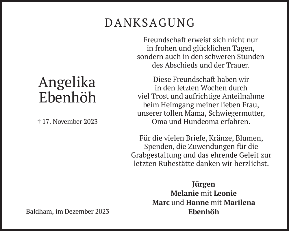  Traueranzeige für Angelika Ebenhöh vom 02.12.2023 aus Süddeutsche Zeitung
