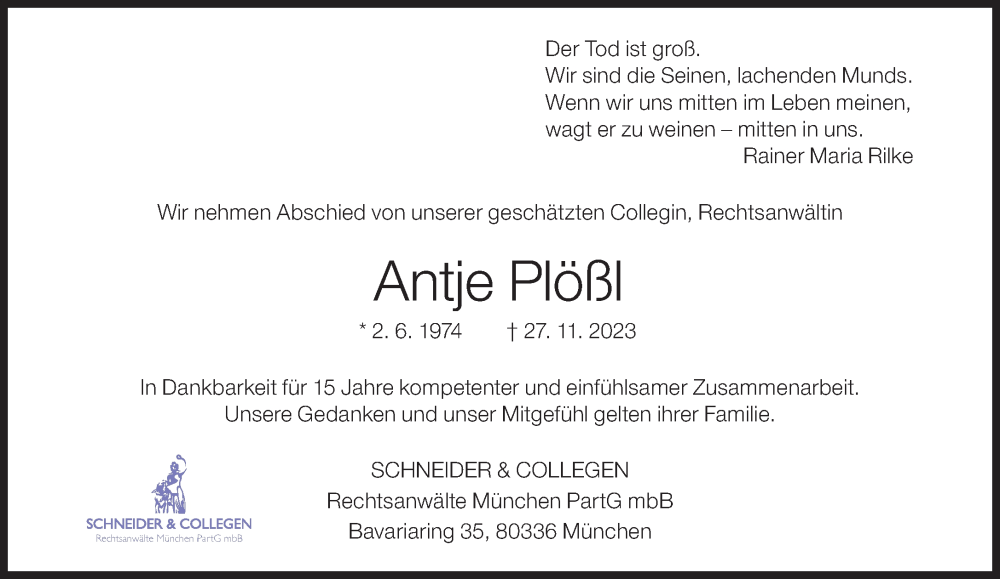  Traueranzeige für Antje Plößl vom 02.12.2023 aus Süddeutsche Zeitung