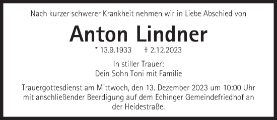 Traueranzeige von Anton Lindner von Süddeutsche Zeitung