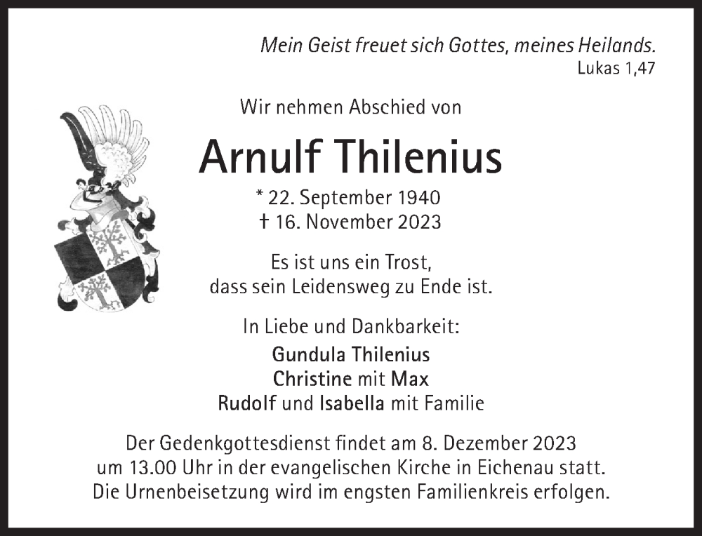  Traueranzeige für Arnulf Thilenius vom 02.12.2023 aus Süddeutsche Zeitung