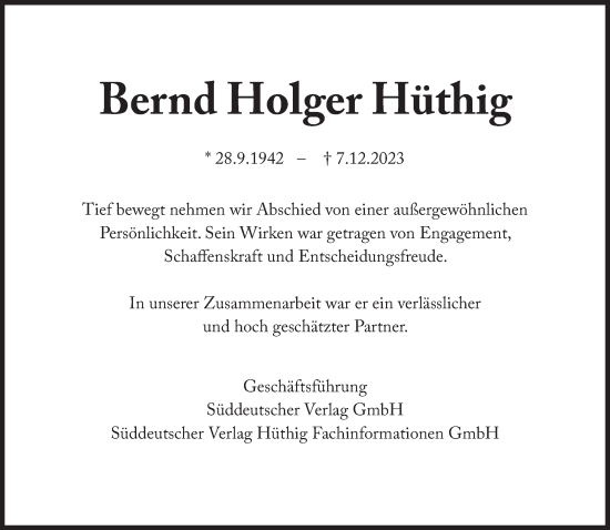Traueranzeige von Bernd Holger Hüthig von Süddeutsche Zeitung
