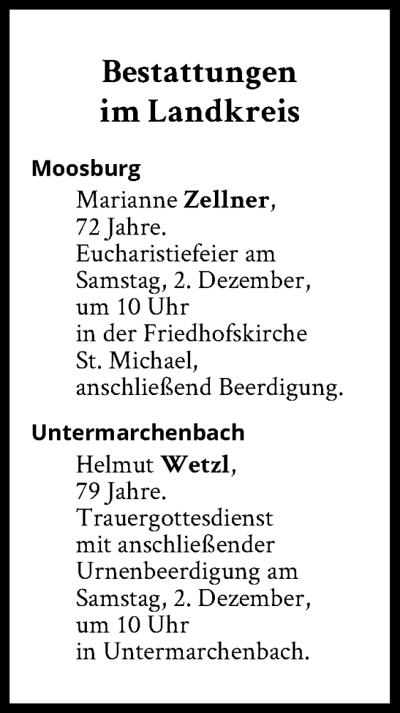  Traueranzeige für Bestattungen vom 02.12.2023 vom 02.12.2023 aus Süddeutsche Zeitung
