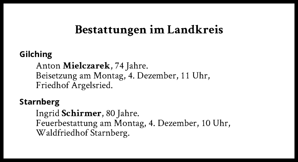  Traueranzeige für Bestattungen vom 04.12.2023 vom 04.12.2023 aus Süddeutsche Zeitung