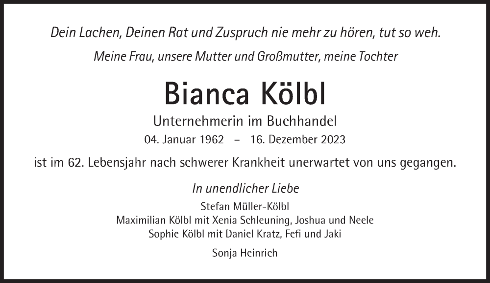  Traueranzeige für Bianca Kölbl vom 23.12.2023 aus Süddeutsche Zeitung