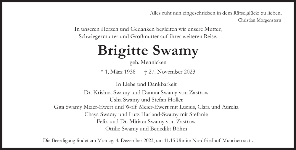  Traueranzeige für Brigitte Swamy vom 02.12.2023 aus Süddeutsche Zeitung