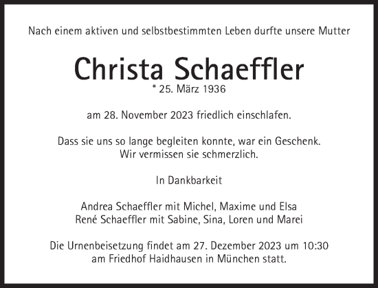 Traueranzeige von Christa Schaeffler von Süddeutsche Zeitung