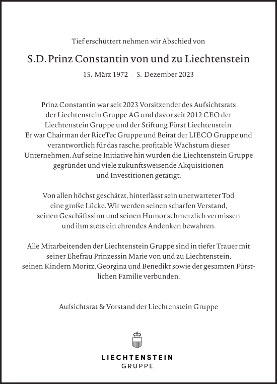 Traueranzeige von Constantin  von und zu Liechtenstein von Süddeutsche Zeitung