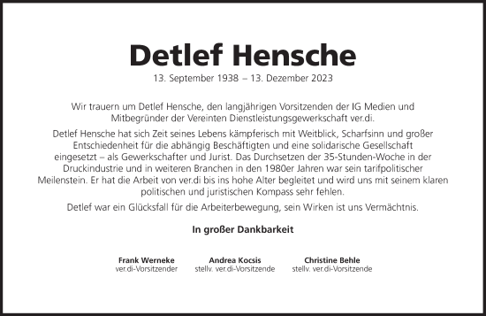 Traueranzeige von Detlef Hensche von Süddeutsche Zeitung