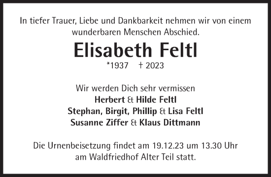 Traueranzeige von Elisabeth Feltl von Süddeutsche Zeitung