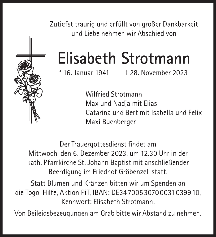  Traueranzeige für Elisabeth Strotmann vom 02.12.2023 aus Süddeutsche Zeitung