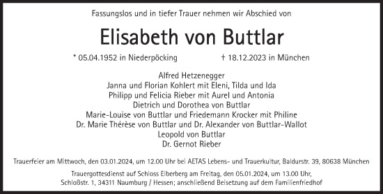 Traueranzeige von Elisabeth von Buttlar von Süddeutsche Zeitung