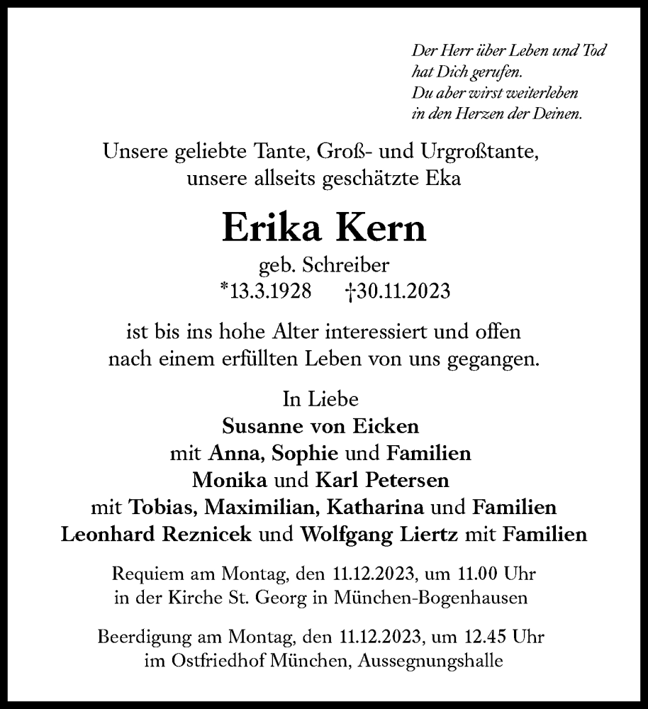  Traueranzeige für Erika Kern vom 06.12.2023 aus Süddeutsche Zeitung