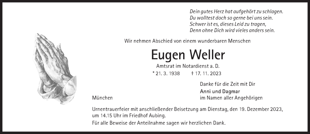  Traueranzeige für Eugen Weller vom 02.12.2023 aus Süddeutsche Zeitung