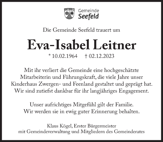 Traueranzeige von Eva-Isabel Leitner von Süddeutsche Zeitung