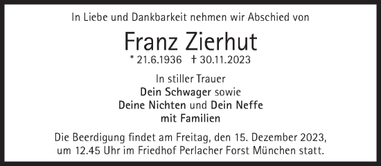 Traueranzeige von Franz Zierhut von Süddeutsche Zeitung