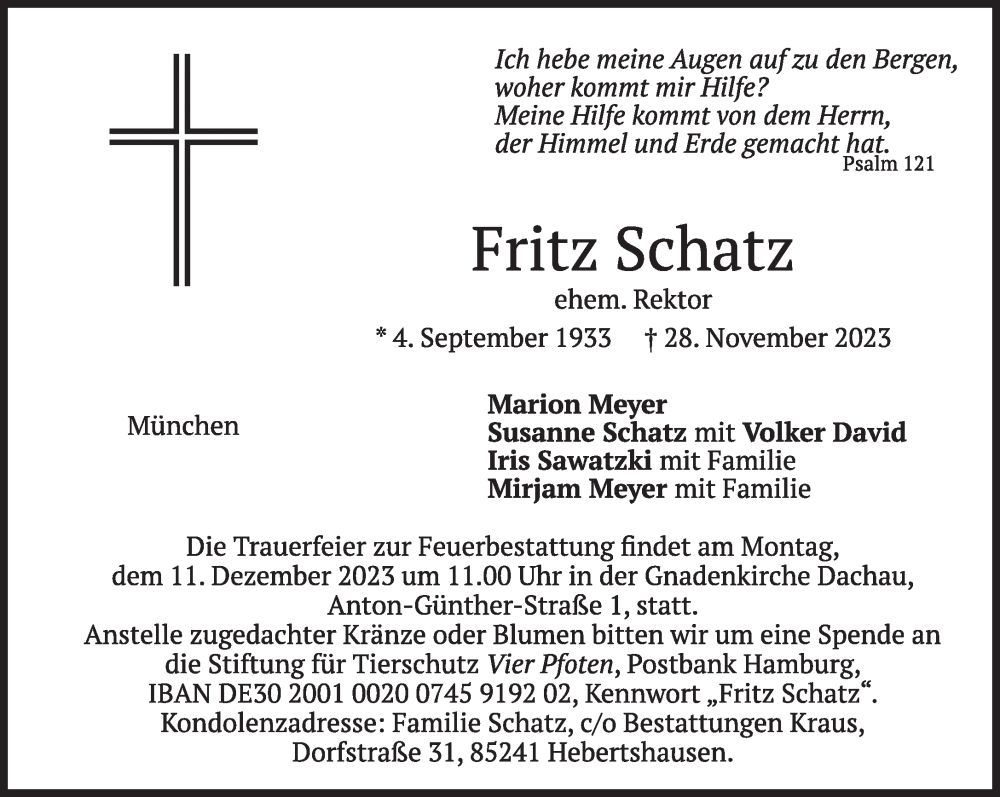  Traueranzeige für Fritz Schatz vom 09.12.2023 aus Süddeutsche Zeitung
