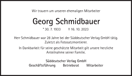 Traueranzeige von Georg Schmidbauer von Süddeutsche Zeitung
