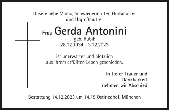 Traueranzeige von Gerda Antonini von Süddeutsche Zeitung