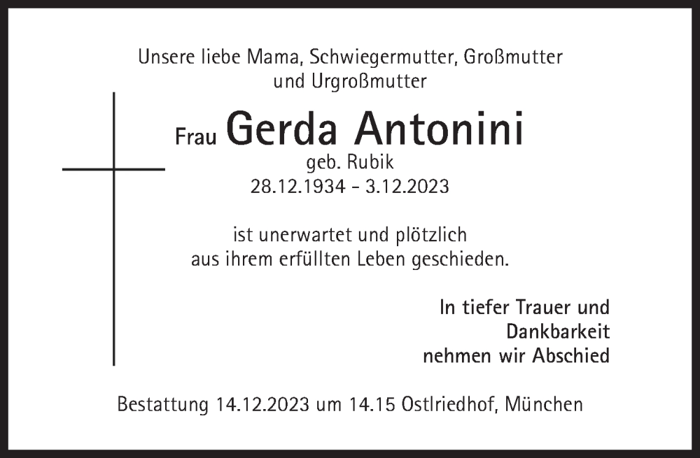  Traueranzeige für Gerda Antonini vom 09.12.2023 aus Süddeutsche Zeitung