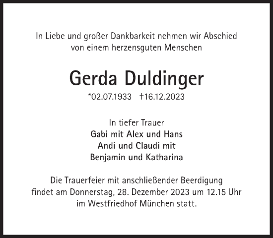 Traueranzeige von Gerda Duldinger von Süddeutsche Zeitung