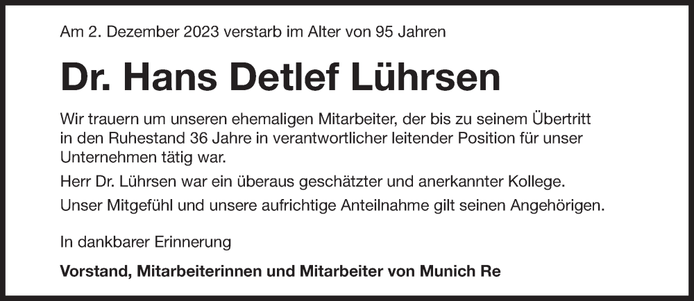 Traueranzeige für Hans Detlef Lührsen vom 08.12.2023 aus Süddeutsche Zeitung