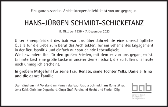 Traueranzeige von Hans Jürgen Schmidt-Schicketanz von Süddeutsche Zeitung