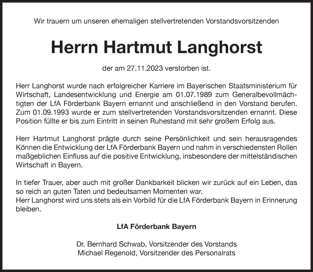  Traueranzeige für Hartmut Langhorst vom 02.12.2023 aus Süddeutsche Zeitung