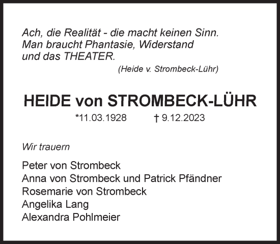 Traueranzeige von Heide von Strombeck-Lühr von Süddeutsche Zeitung
