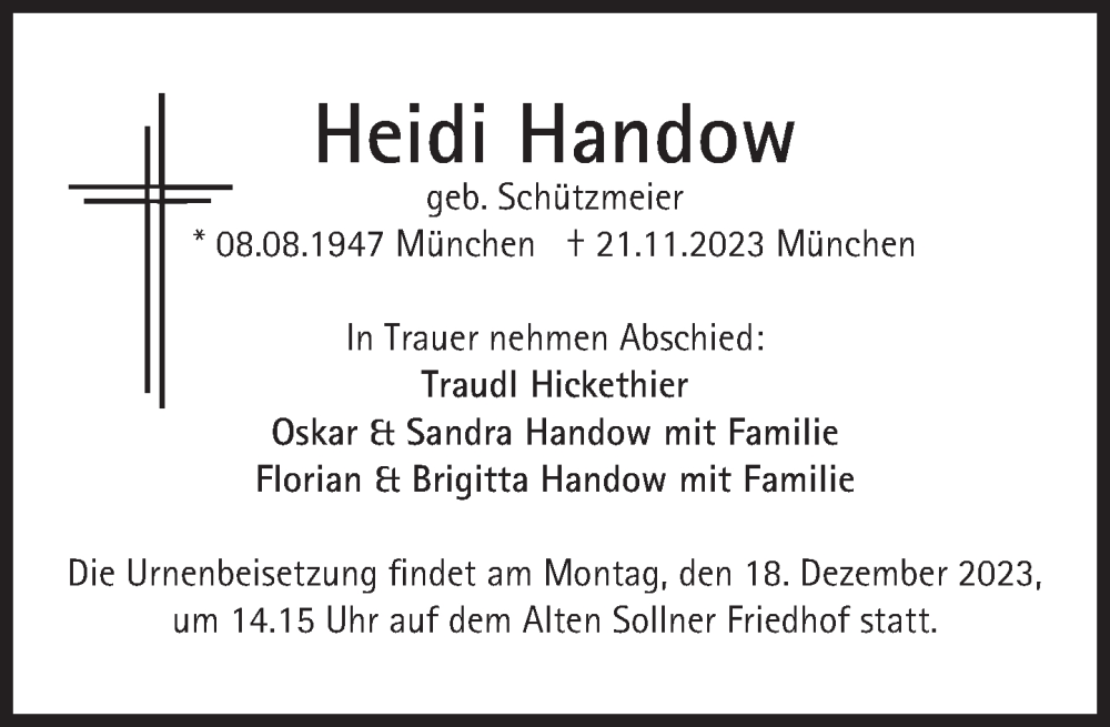  Traueranzeige für Heidi Handow vom 09.12.2023 aus Süddeutsche Zeitung