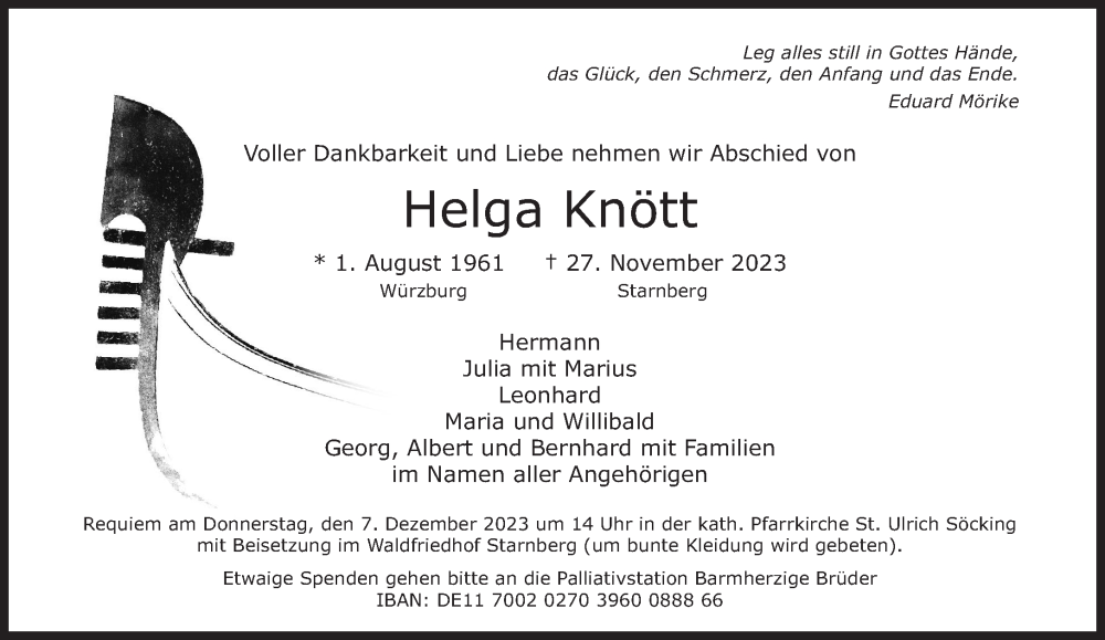  Traueranzeige für Helga Knött vom 02.12.2023 aus Süddeutsche Zeitung