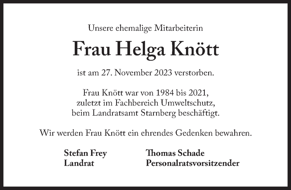  Traueranzeige für Helga Knött vom 05.12.2023 aus Süddeutsche Zeitung