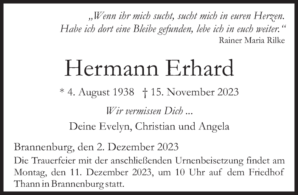  Traueranzeige für Hermann Erhard vom 02.12.2023 aus Süddeutsche Zeitung