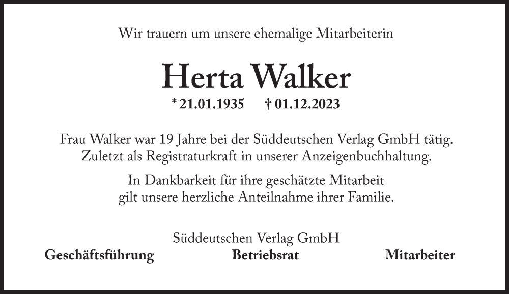  Traueranzeige für Herta Walker vom 06.12.2023 aus Süddeutsche Zeitung