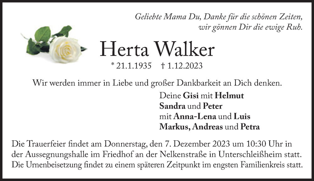  Traueranzeige für Herta Walker vom 06.12.2023 aus Süddeutsche Zeitung