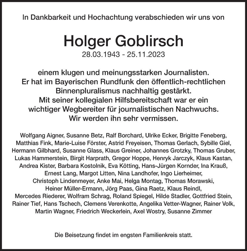 Traueranzeige für Holger Goblirsch vom 02.12.2023 aus Süddeutsche Zeitung