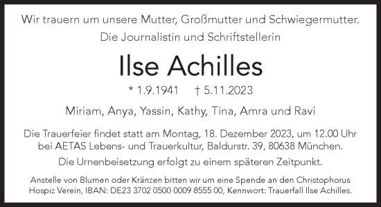Traueranzeige von Ilse Achilles von Süddeutsche Zeitung
