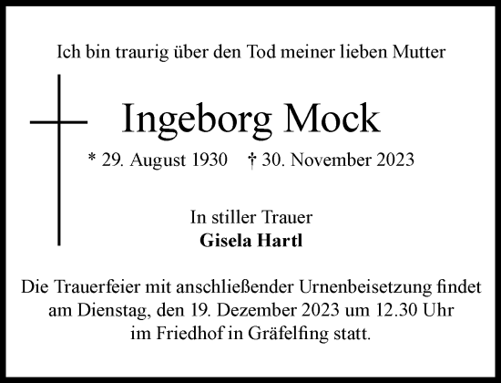 Traueranzeige von Ingeborg Mock von Süddeutsche Zeitung
