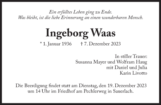 Traueranzeige von Ingeborg Waas von Süddeutsche Zeitung