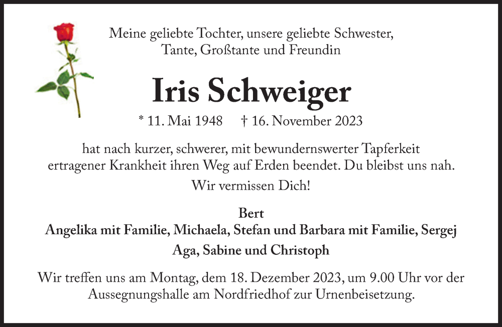  Traueranzeige für Iris Schweiger vom 02.12.2023 aus Süddeutsche Zeitung