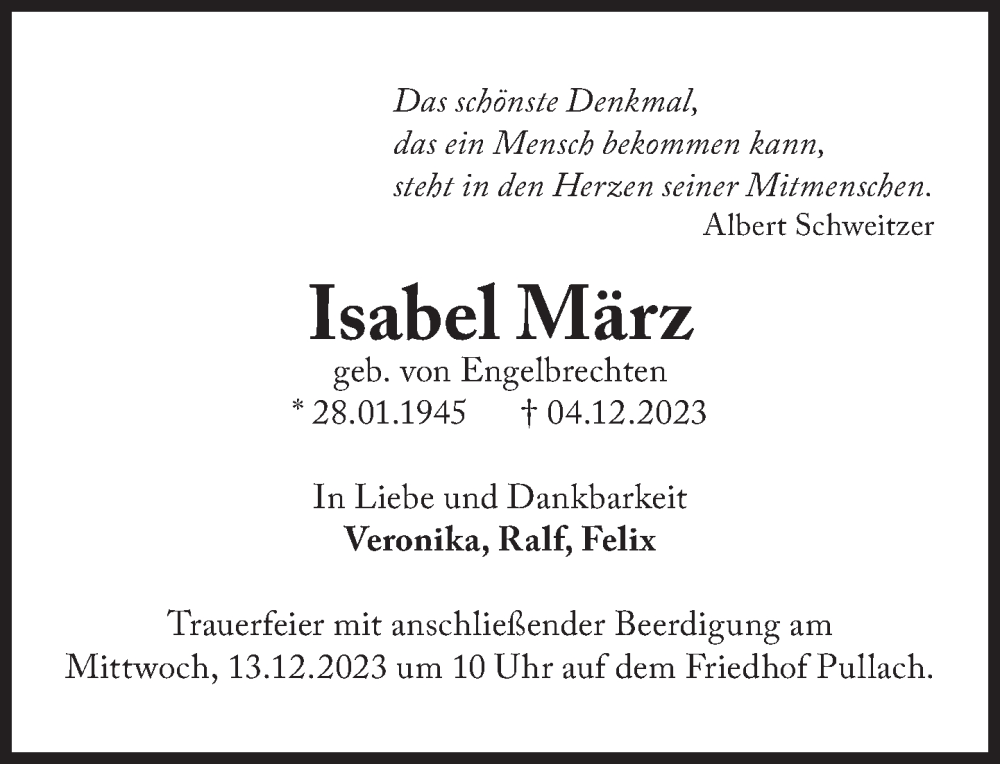  Traueranzeige für Isabel März vom 08.12.2023 aus Süddeutsche Zeitung