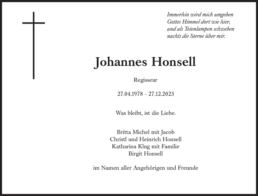  Traueranzeige für Johannes Honsell vom 30.12.2023 aus Süddeutsche Zeitung