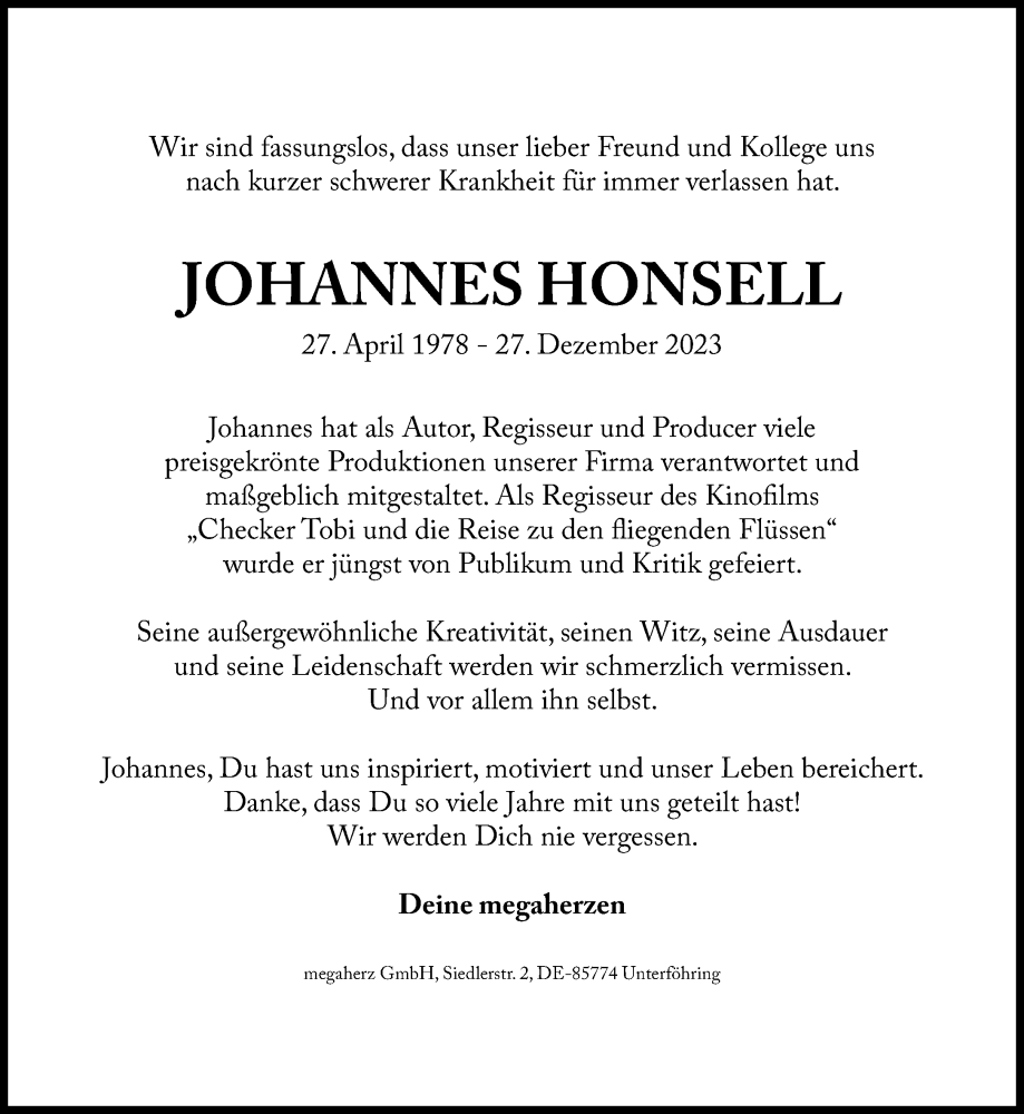  Traueranzeige für Johannes Honsell vom 30.12.2023 aus Süddeutsche Zeitung