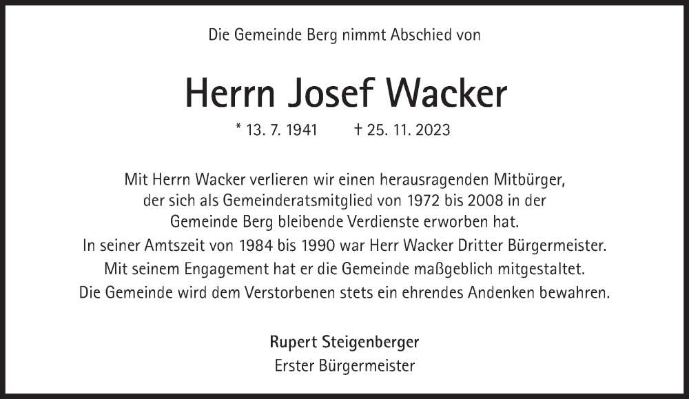  Traueranzeige für Josef Wacker vom 02.12.2023 aus Süddeutsche Zeitung