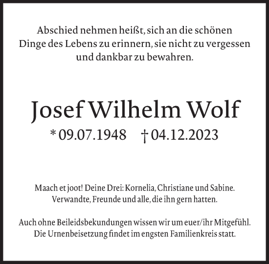 Traueranzeige von Josef Wilhelm Wolf von Süddeutsche Zeitung