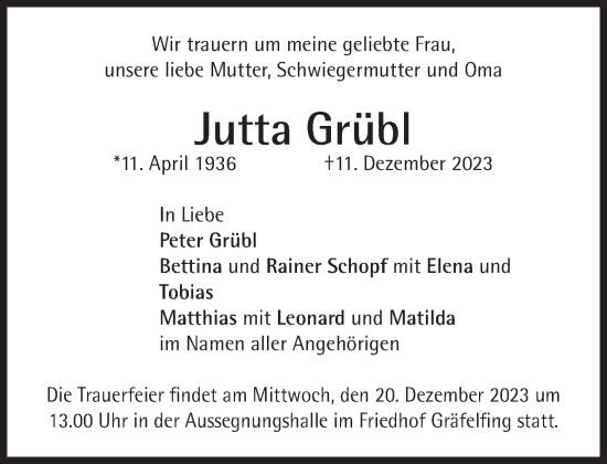 Traueranzeige von Jutta Grübl von Süddeutsche Zeitung