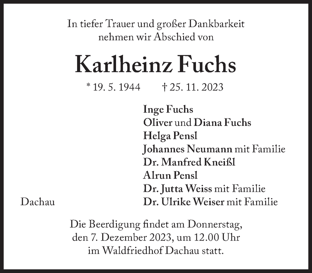  Traueranzeige für Karlheinz Fuchs vom 04.12.2023 aus Süddeutsche Zeitung