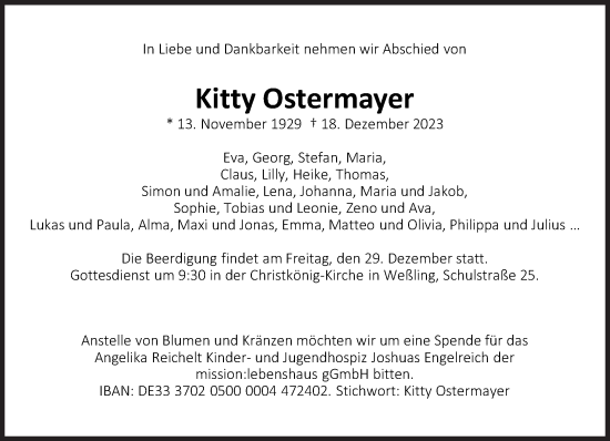 Traueranzeige von Kitty Ostermayer von Süddeutsche Zeitung