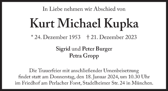 Traueranzeige von Kurt Michael Kupka von Süddeutsche Zeitung