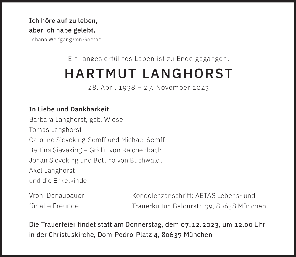  Traueranzeige für Langhorst Hartmut vom 02.12.2023 aus Süddeutsche Zeitung